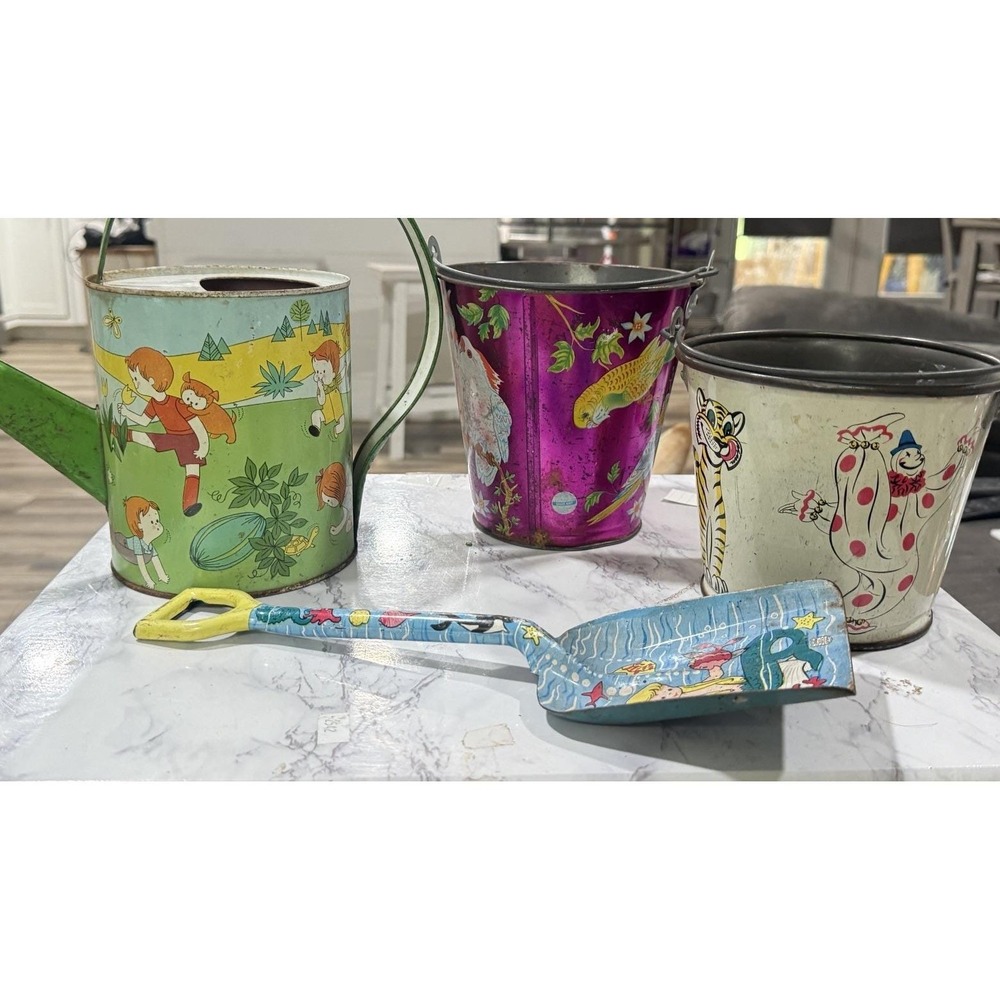 Vintage Ohio Art  & more Tin Litho Sand Pails watering can shovel beach